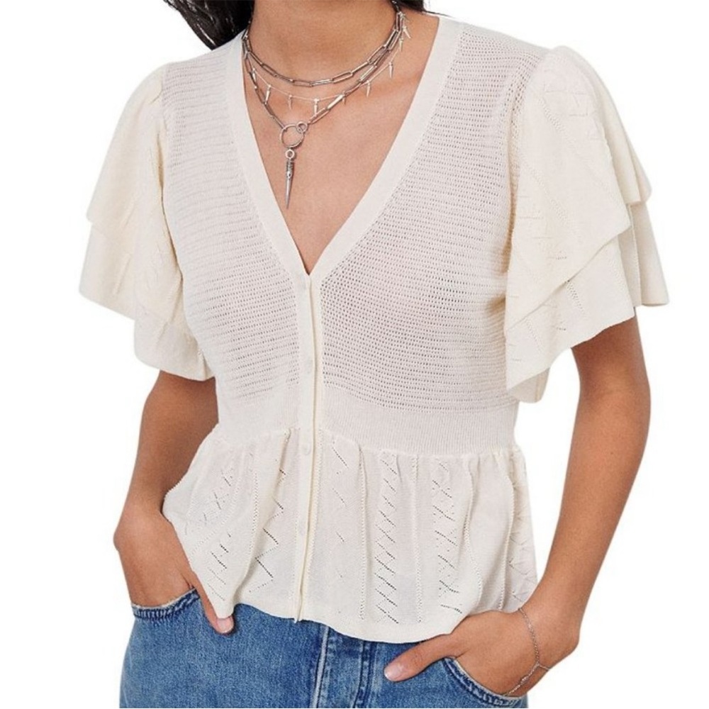 Ba&sh Acacio Pointelle Cardigan Top Cream Cottagecore Coquette Size Small